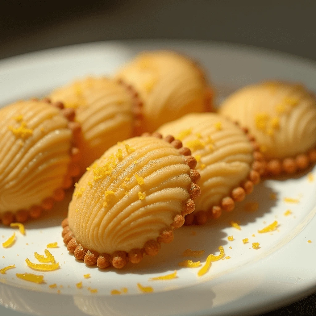 Golden soft Madeline cookies stacked on a rustic white plate with fresh lemon zest