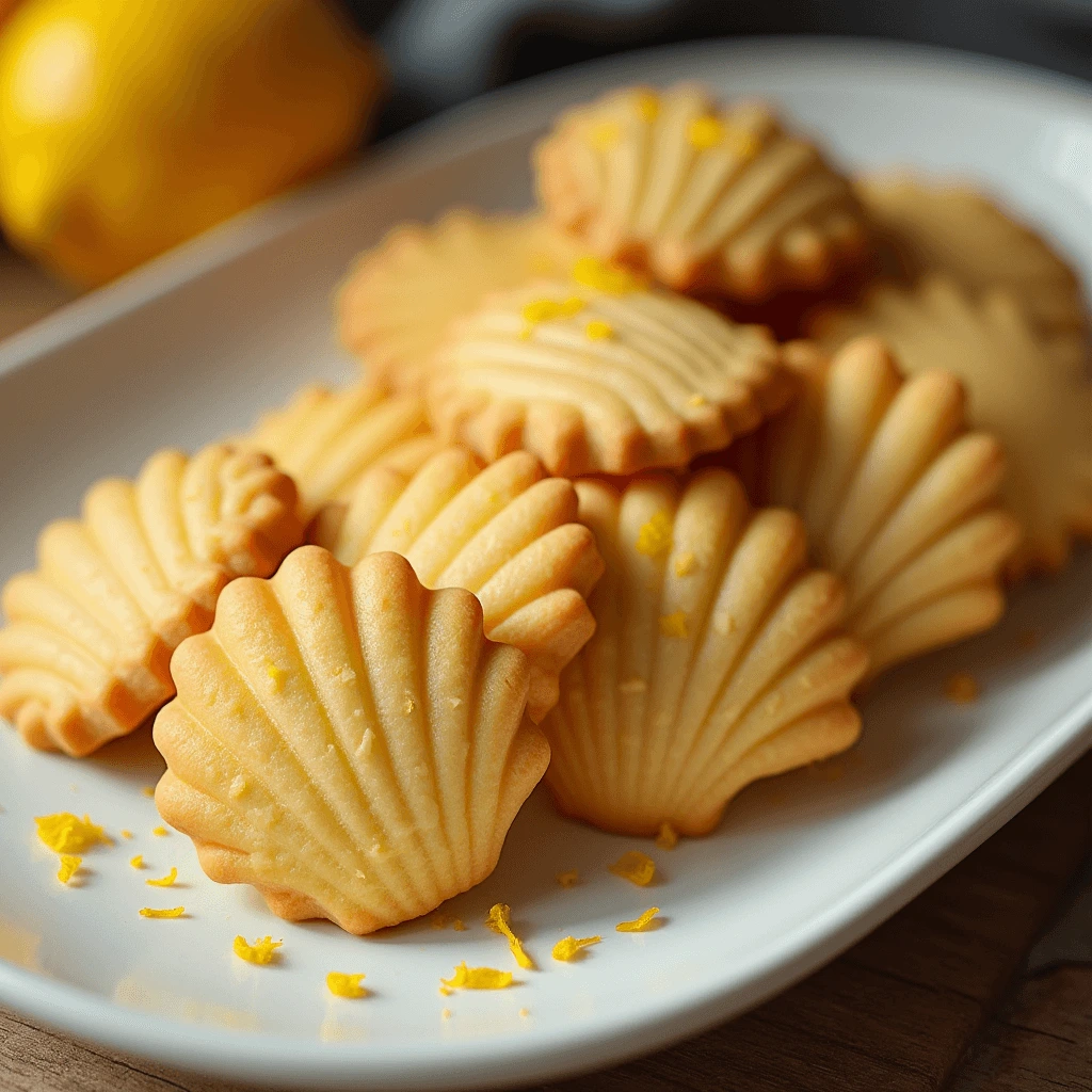 Soft and buttery Madeline cookies arranged on a white plate with lemon zest garnish