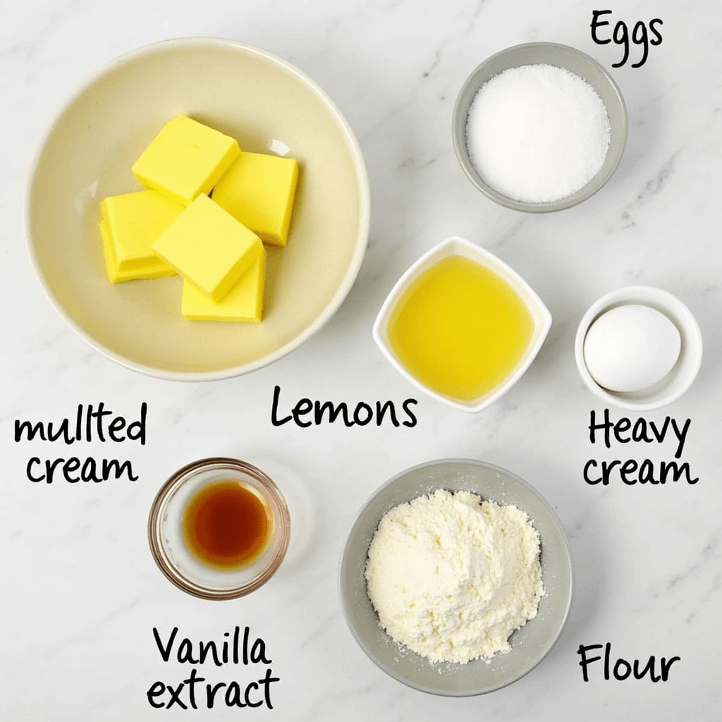 Baking ingredients for Madeline cookies including butter, cream, eggs, sugar, vanilla, and lemon zest