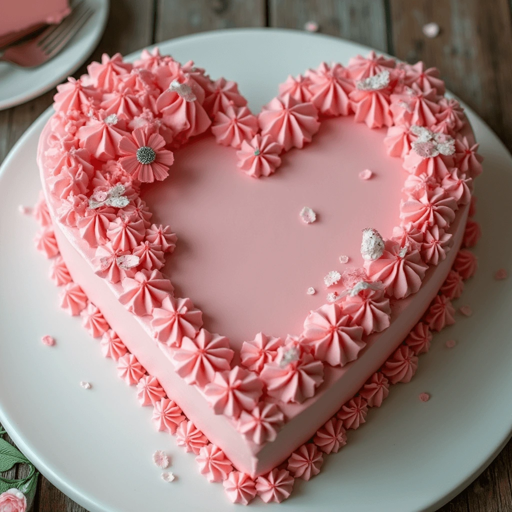 Heart shaped cake with smooth pink frosting and piped buttercream flowers on a white plate