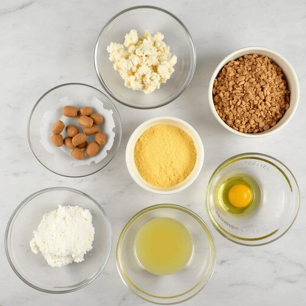 Heart shaped cake ingredients in glass bowls including egg, lemon juice, flour, sugar, and chopped nuts on a white marble surface