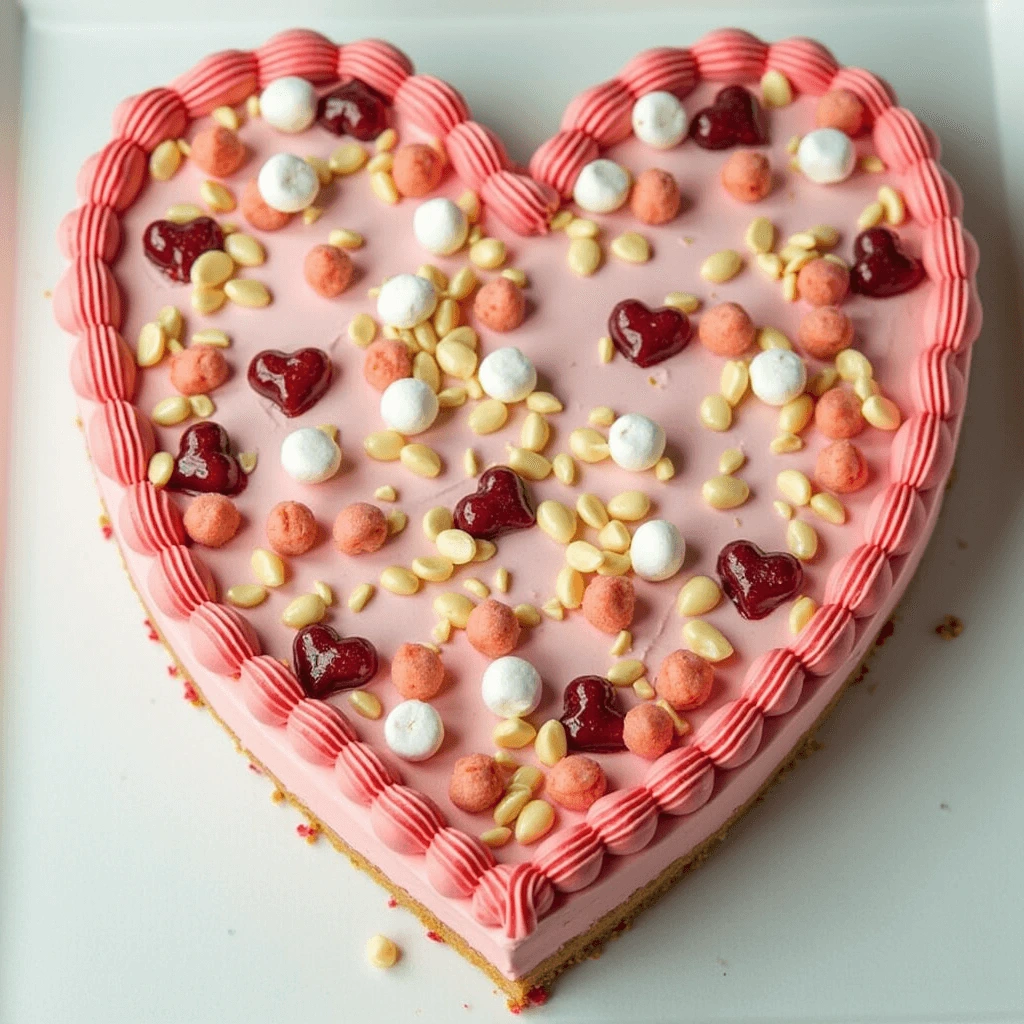 Heart shaped pink cake decorated with red jelly hearts, white meringue drops, and yellow chocolate chips on a white plate